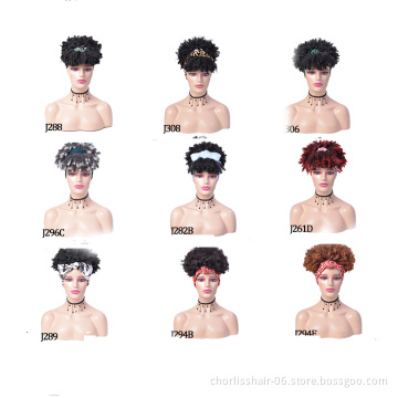 Wholesale Ombre Fluffy Turban Afro Short Kinky Curly Headband Wig Synthetic Colorful Wigs With Headband Attached For Black Women
